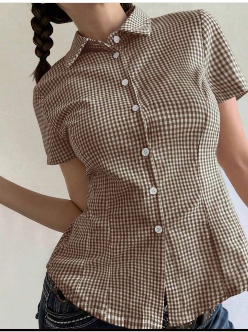 Brown Gingham Short Sleeve Button-Down Shirt